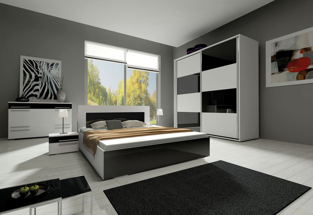 Ložnicová sestava KAYLA II (2x noční stolek, komoda, skříň 200, postel 140x200), bílá/bílá lesk