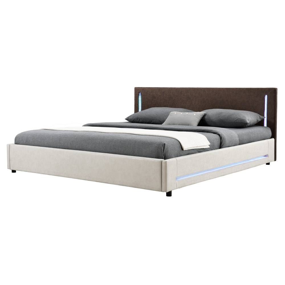 [my.bed] Elegantná manželská posteľ s LED osvetlením - 140x200cm (Záhlavie: alcantara koženka hnedá / Rám: alcantara koženka sivobiela) - s roštom