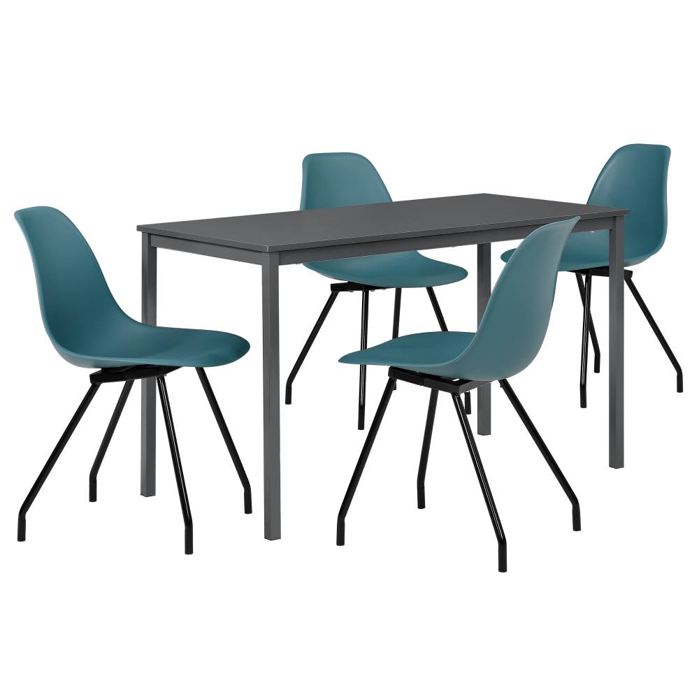 [en.casa]® Štýlová dizajnová jedálenská zostava - tmavo sivý stôl - so 4 elegantnými stoličkami - tyrkysovými