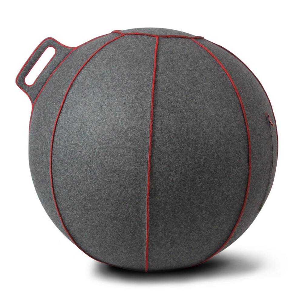 Sivá melírovaná lopta na sedenie s červenými lemami a poťahom z merino vlny VLUV Velt, Ø 60 - 65 cm