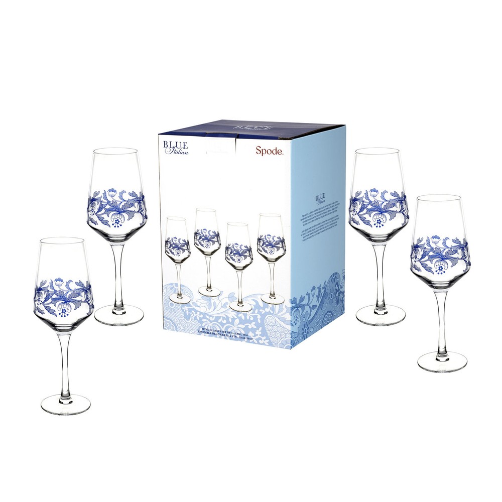 Sada 4 bielo-modrých sklenených pohárov na víno Spode Blue Italian, 450 ml
