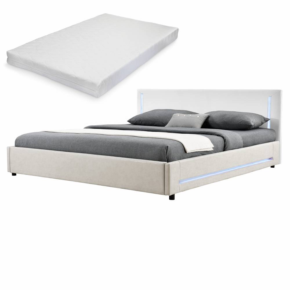 [my.bed] Elegantná manželská posteľ s LED osvetlením - matrac zo studenej HR peny - 180x200cm (Záhlavie: koženka biela / Rám: alcantara koženka sivobiela) - s roštom