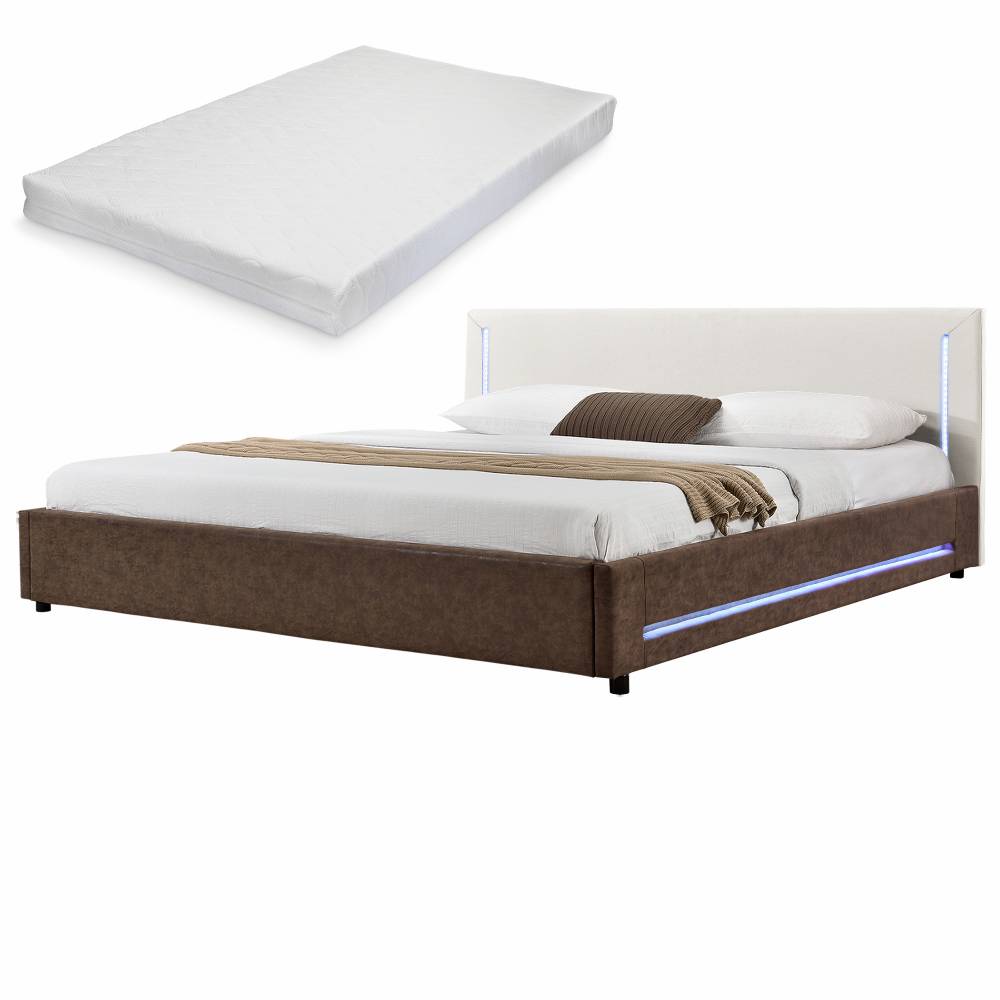 [my.bed] Elegantná manželská posteľ s LED osvetlením - matrac zo studenej HR peny - 140x200cm (Záhlavie: textil krémová / Rám: alcantara koženka hnedá) - s roštom