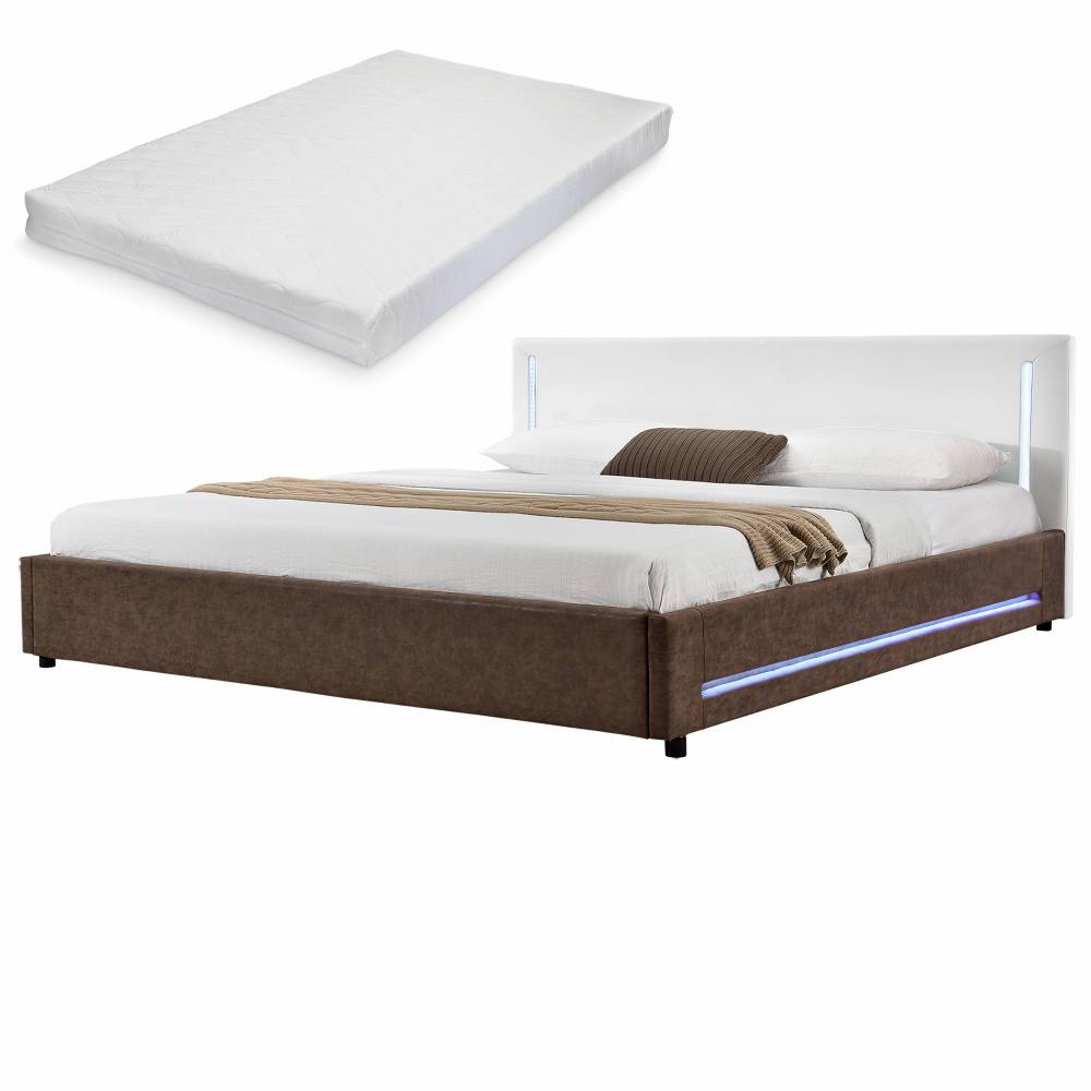 [my.bed] Elegantná manželská posteľ s LED osvetlením - matrac zo studenej HR peny - 180x200cm (Záhlavie: koženka biela / Rám: alcantara koženka hnedá) - s roštom