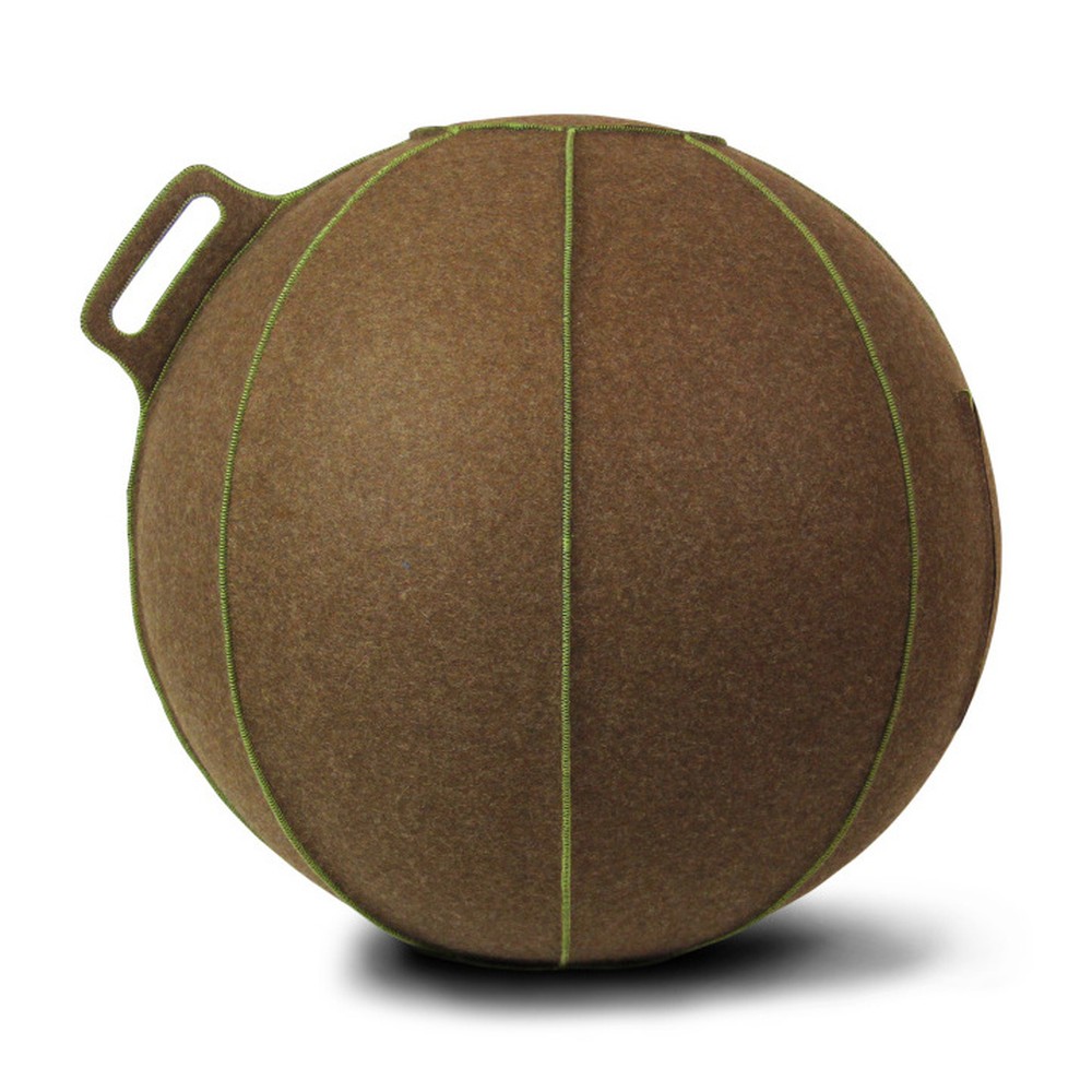 Hnedá melírovaná lopta na sedenie so zelenými lemami a poťahom z merino vlny VLUV Velt, Ø 60 - 65 cm