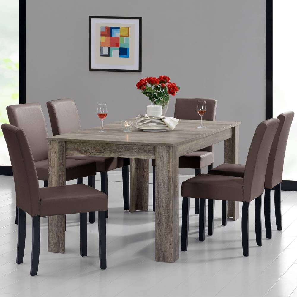 [en.casa]® Rustikálny dubový jedálenský stôl so 6 stoličkami - sivý stôl - hnedé stoličky