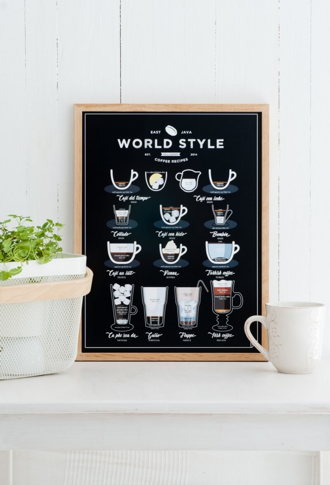 Čierny plagát Follygraph World Style Coffee, 21 x 30 cm