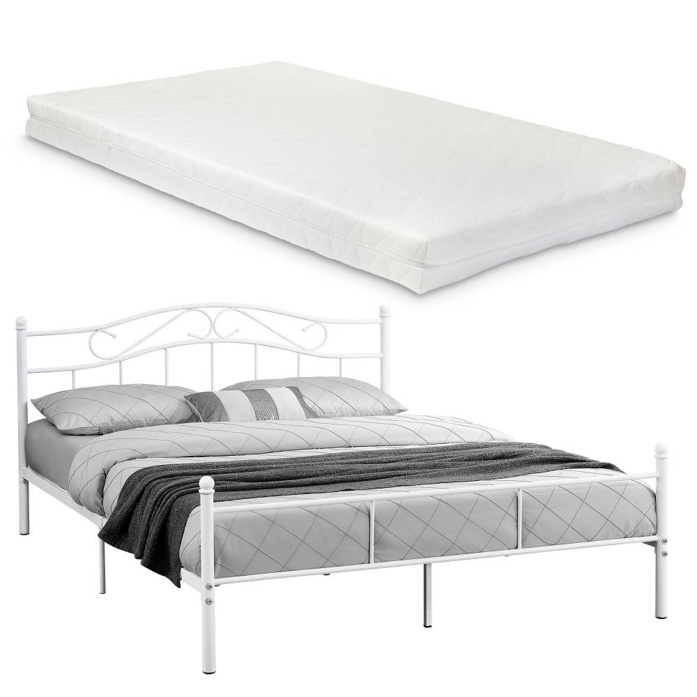 en.casa]® Kovové lôžko - francúzska posteľ s matracom - 200 x 180 cm - biela
